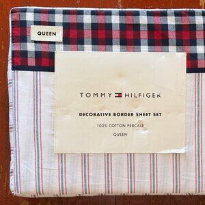 Tommy Hilfiger QUEEN Size Decorative Border Sheet Set CASS PARK CHECKED STRIPE